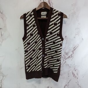 Vintage Vest Womens Medium Brown Apple 60s 70s Sweater Button Stripped Harpees